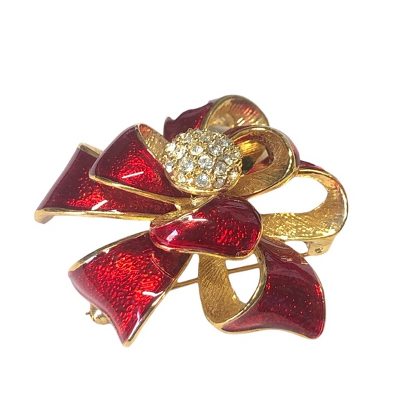 ROMAN Host Pick Vintage Red and Gold Bow Brooch W/ Swarovski Crystals - Picture 2 of 3